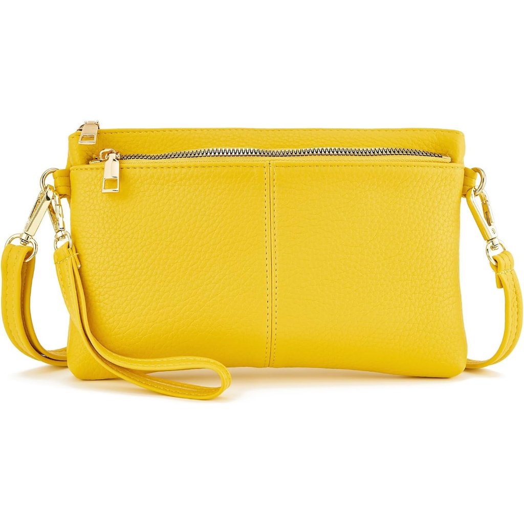 Women's Lightweight Yellow Triple Zip Vegan Leather Clutch Wristlet Bag